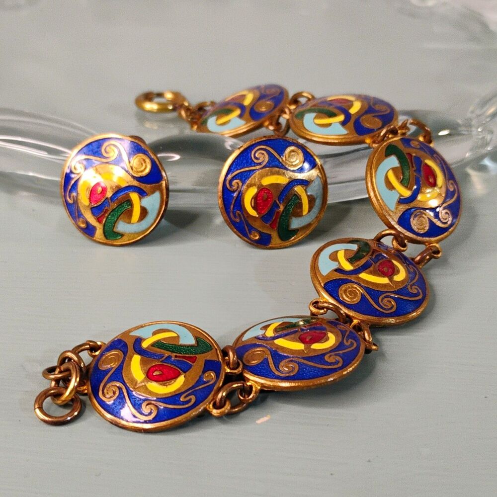 Vintage Tara Ware Made in Ireland Enamel/Cloisonne Bracelet & Clip-On Earrings